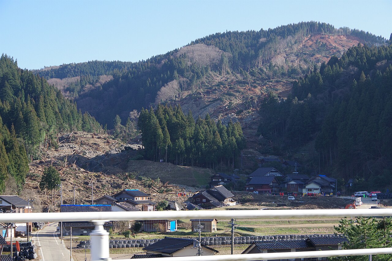 An earthquake-triggered landslide above homes in the Kawarata district of Wajima, Japan.